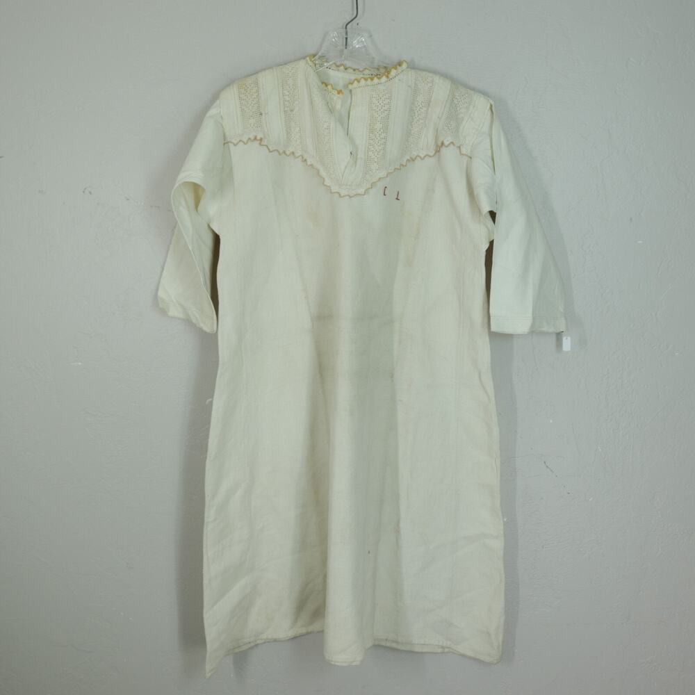 Antique Linen Chemise Nightgown Victorian Edwardian Lace Pullover 3/4 Sleeve